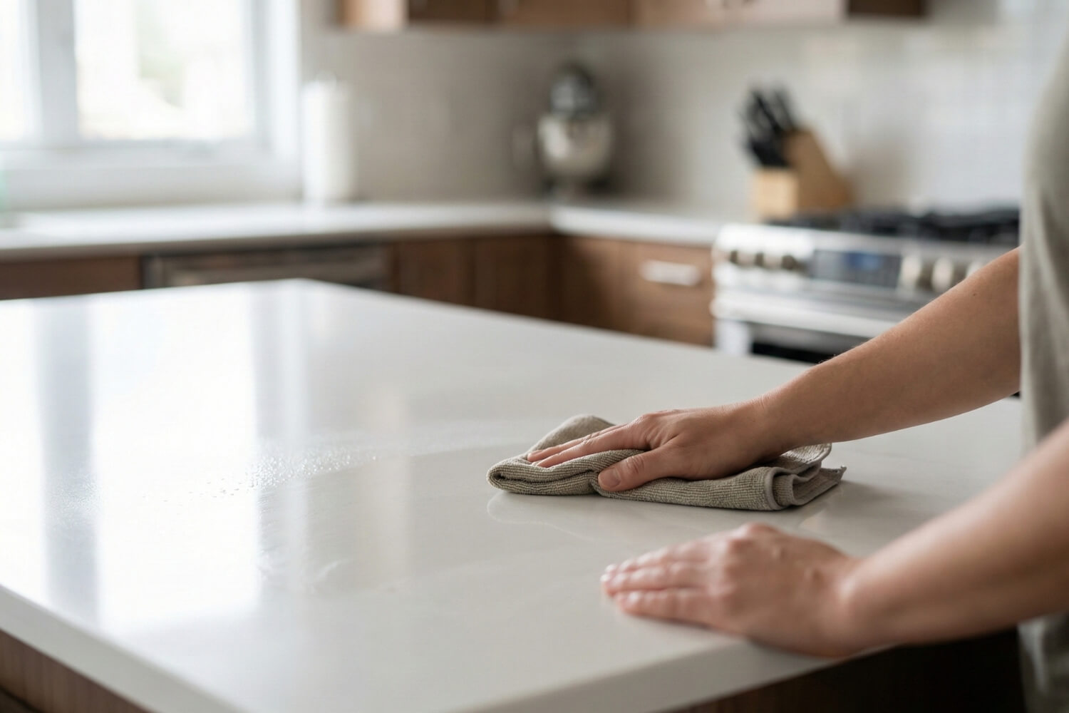 safe cleaning products for quartz countertops A homeowner safely wiping a quartz countertop, a key advantage when switching to eco-friendly cleaning products to prevent surface damage.