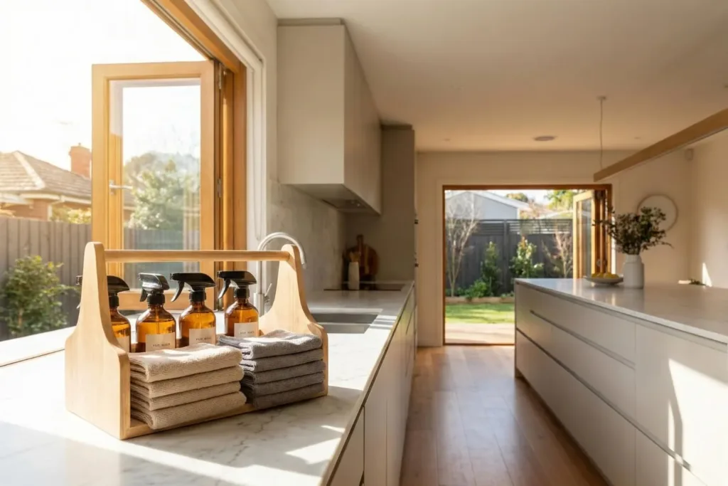 A sunlit kitchen countertop featuring amber glass spray bottles, illustrating the benefits of switching to eco-friendly cleaning products for a healthier home.