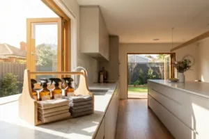 A sunlit kitchen countertop featuring amber glass spray bottles, illustrating the benefits of switching to eco-friendly cleaning products for a healthier home.