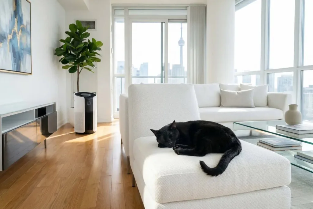 A spotless modern living room showcasing successful methods for eliminating stubborn odours and pet hair, featuring a sleeping cat.