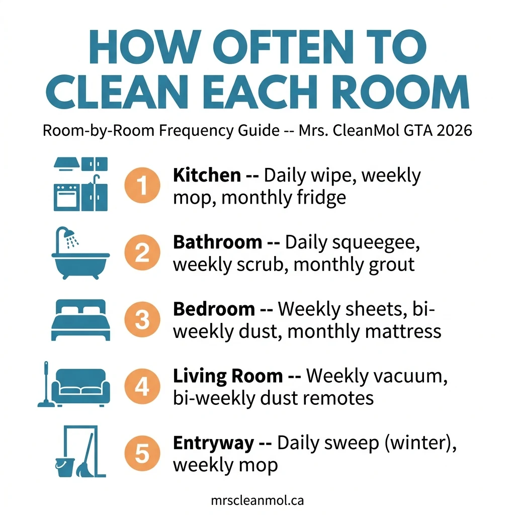 Room-by-room cleaning frequency chart for GTA homes showing daily, weekly, monthly and seasonal tasks