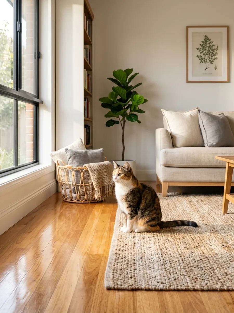 Clean bright living room with cat on hardwood floor - GTA cleaning