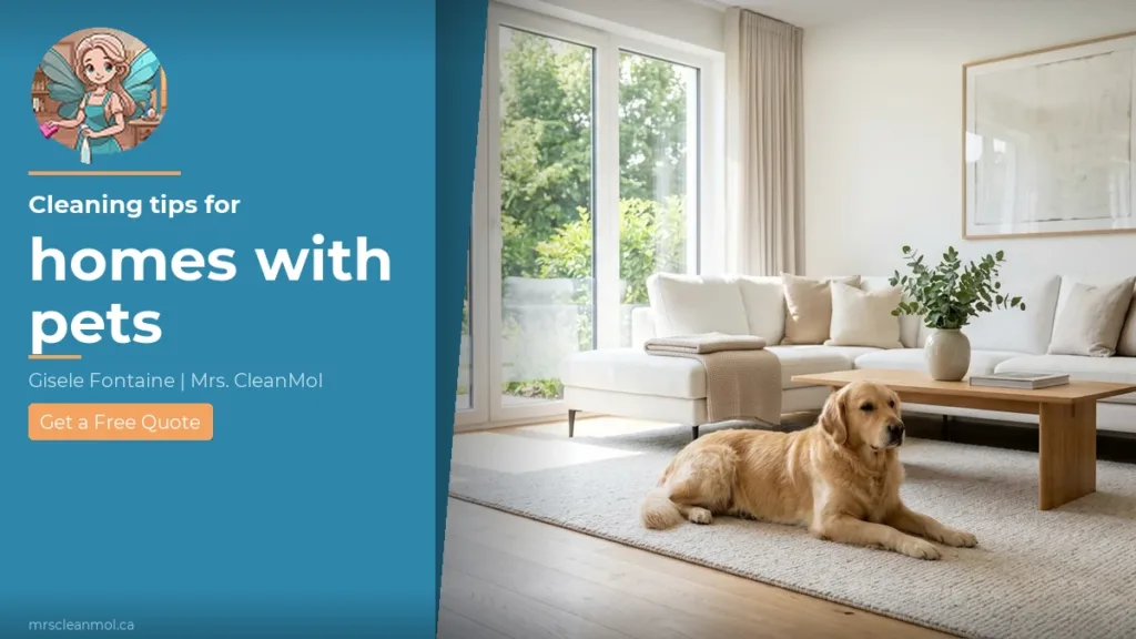 Bright clean living room with golden retriever - Mrs. CleanMol pet home cleaning GTA