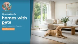Bright clean living room with golden retriever - Mrs. CleanMol pet home cleaning GTA