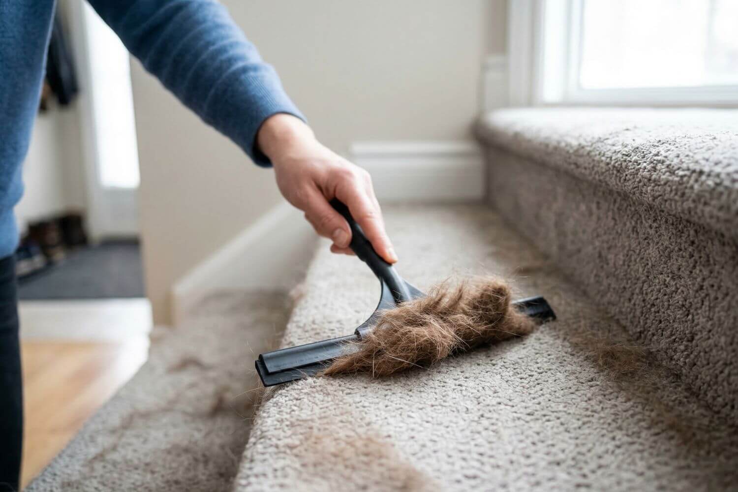 A person using a rubber squeegee to scrape embedded dog fur off carpeted stairs while eliminating stubborn odours and pet hair.