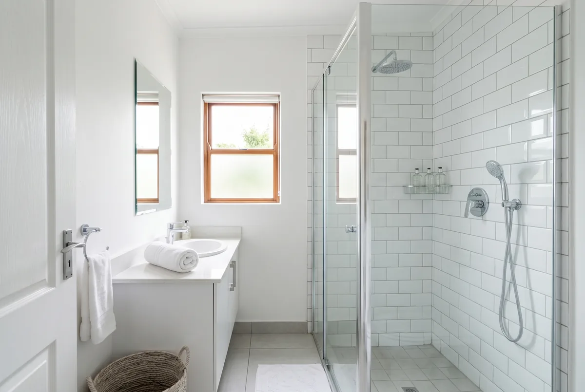 Bright apartment bathroom with white tile and chrome shower fixtures cleaned for GTA rental move out inspection
