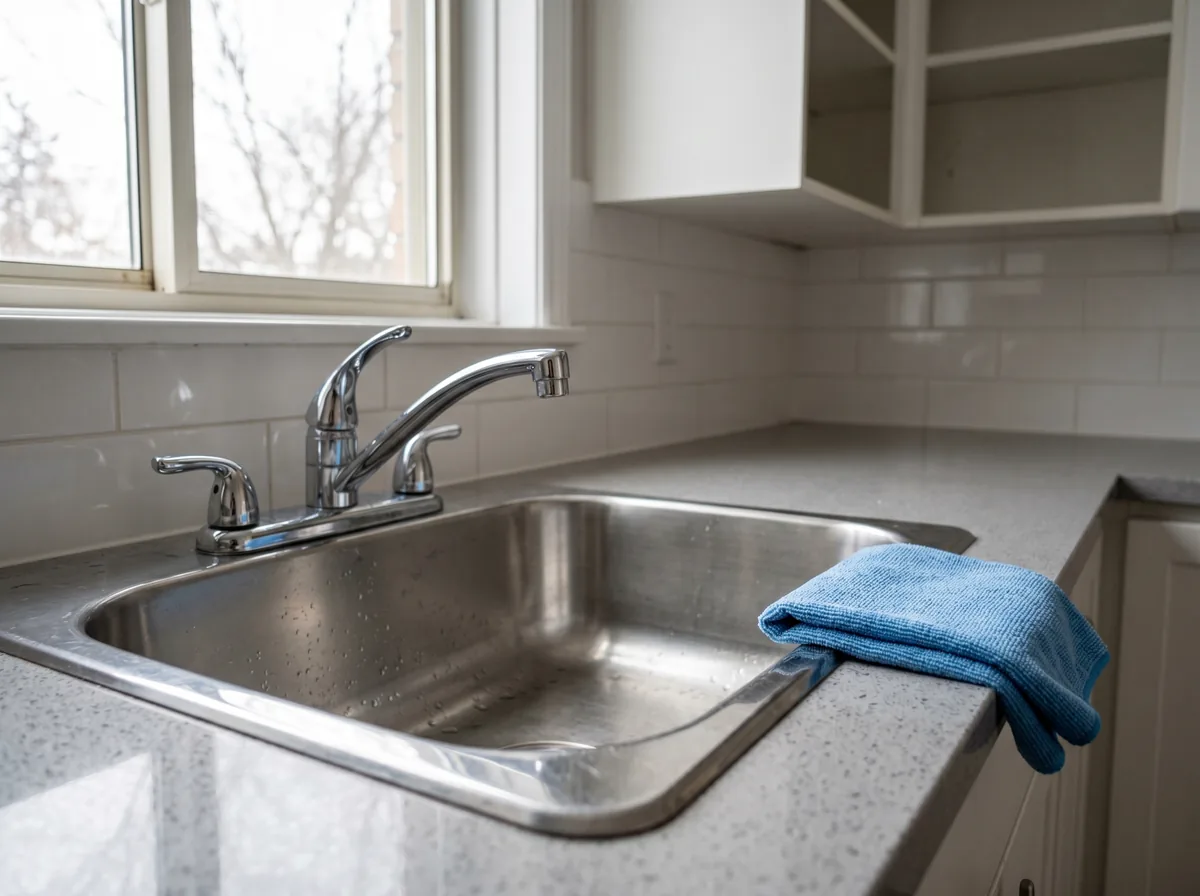 Clean stainless steel kitchen sink and faucet polished for move out inspection in a GTA rental apartment