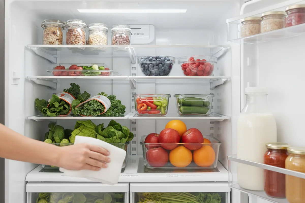 Clean refrigerator interior with tidy organized shelves being wiped