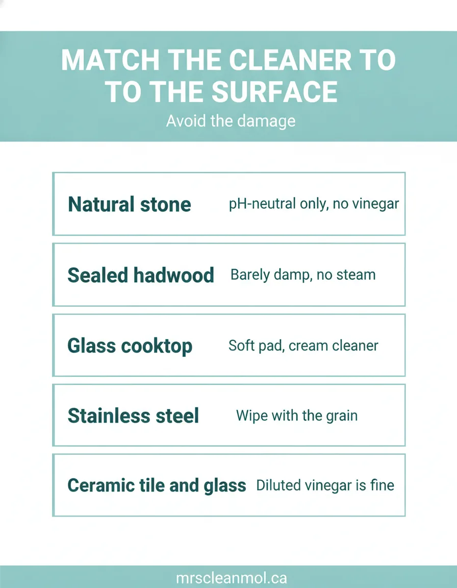 Which cleaner is safe for which surface: stone, hardwood, glass cooktop, stainless, tile