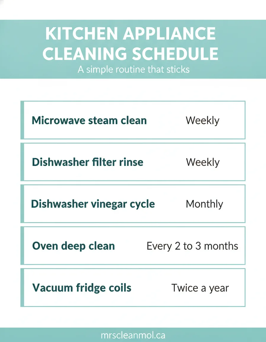 Kitchen appliance cleaning schedule: weekly, monthly, and seasonal tasks for fridge, oven, microwave, and dishwasher