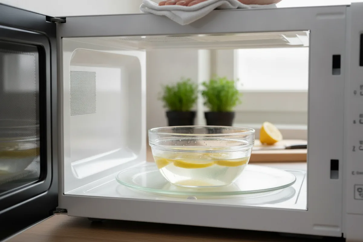 Microwave interior being wiped clean after steam cleaning with a bowl of lemon water