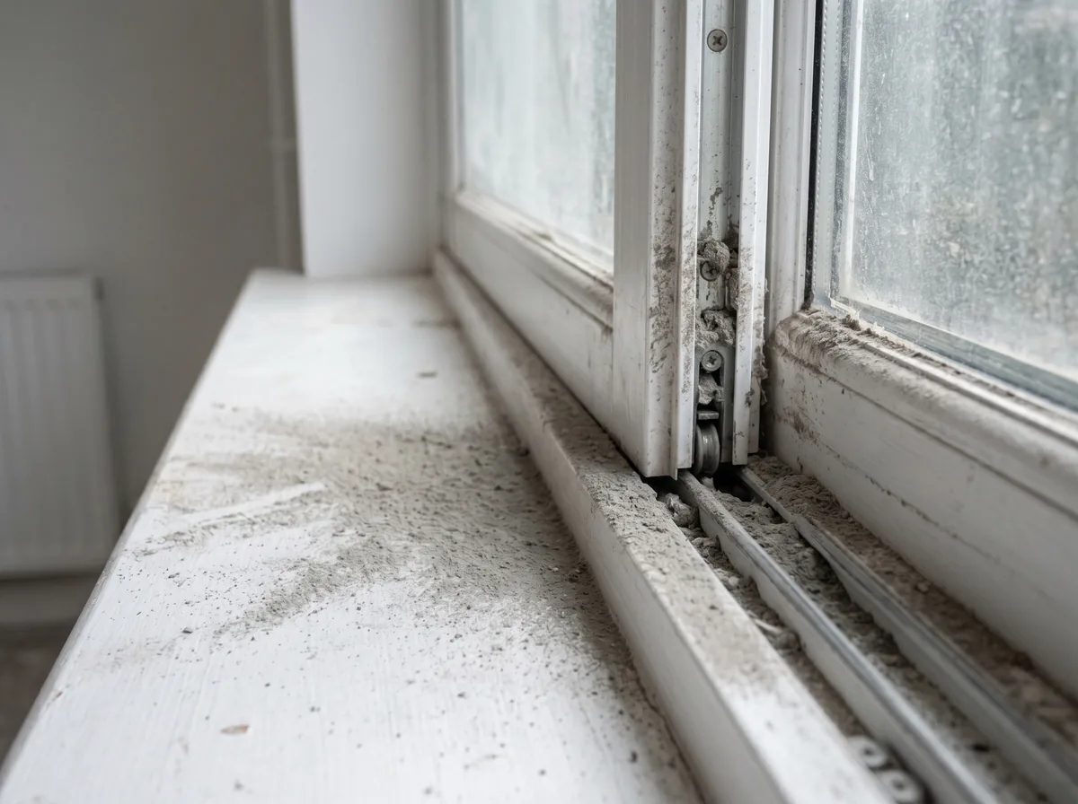 Fine construction dust coating a windowsill and trim in a newly renovated GTA home