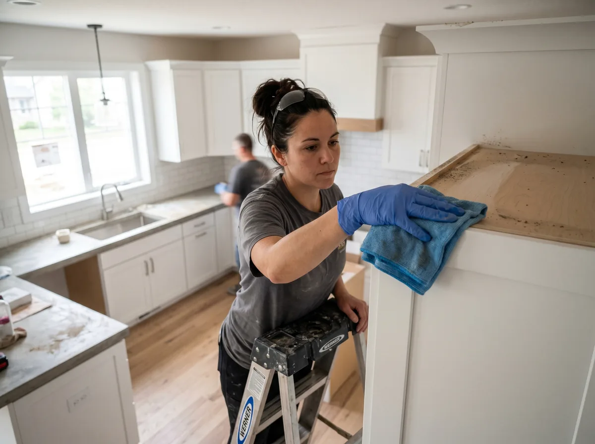 A cleaner wiping a kitchen cabinet top to bottom during a post construction detail clean