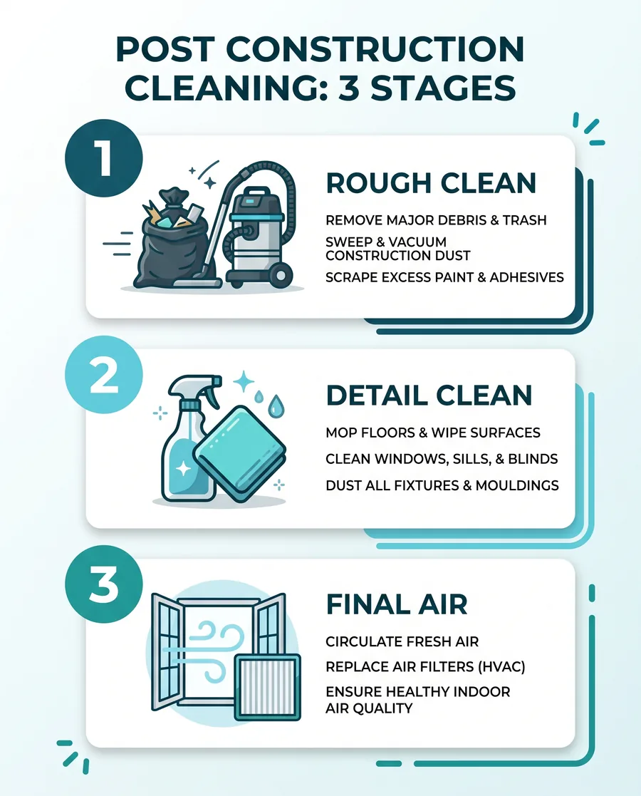 Infographic of the three-stage post construction cleaning checklist: rough clean, detail clean, final air