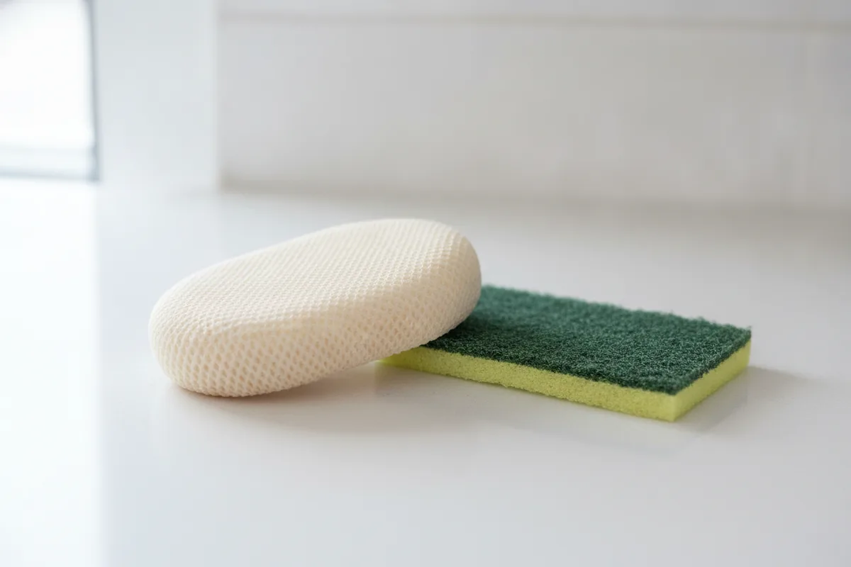 A soft non-scratch sponge and a coarse scouring pad side by side on a clean surface
