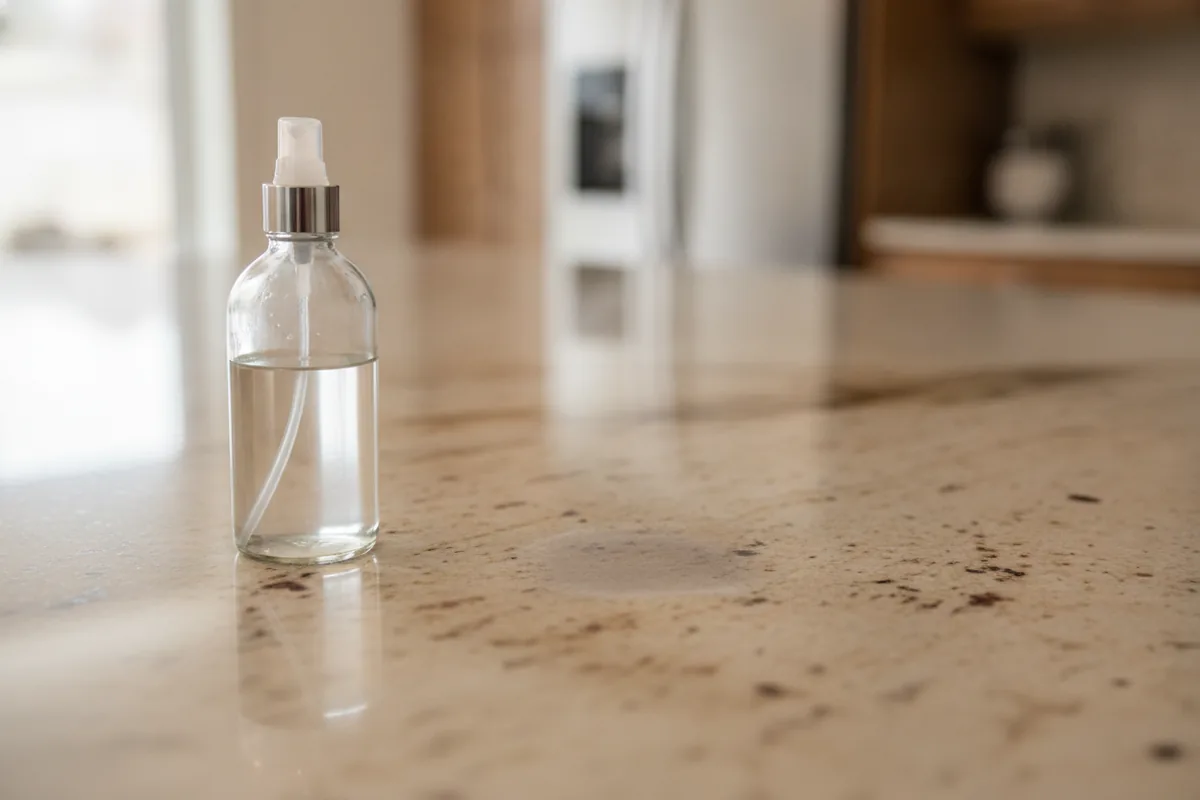 Spray bottle of vinegar next to a natural stone kitchen counter showing dull etched spots