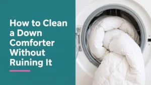 Fluffy white down comforter in a front-load washer, illustrating how to clean a down comforter at home