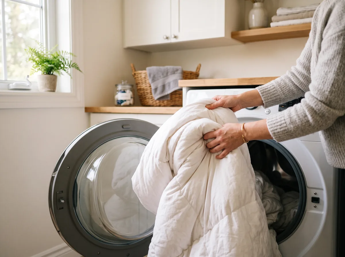 Hands placing a single white down comforter into a large front-load washing machine