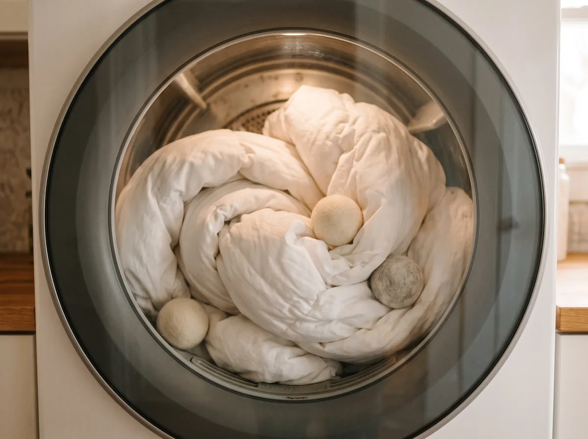 Down comforter drying in a tumble dryer with wool dryer balls to restore loft