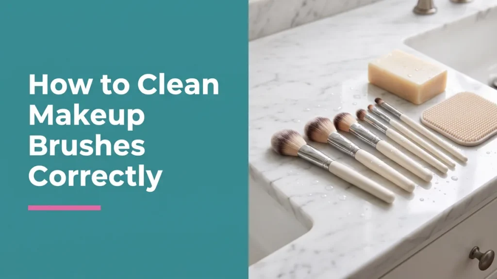 Clean makeup brushes on a marble vanity with gentle soap, showing how to clean makeup brushes correctly