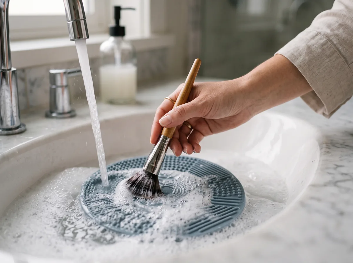 A makeup brush being swirled in soapy lather on a silicone cleaning mat under running water