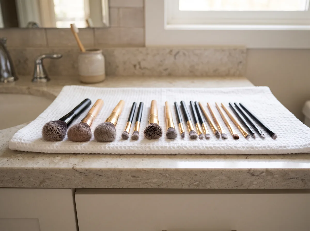 Clean makeup brushes drying flat on a towel with the heads over the counter edge