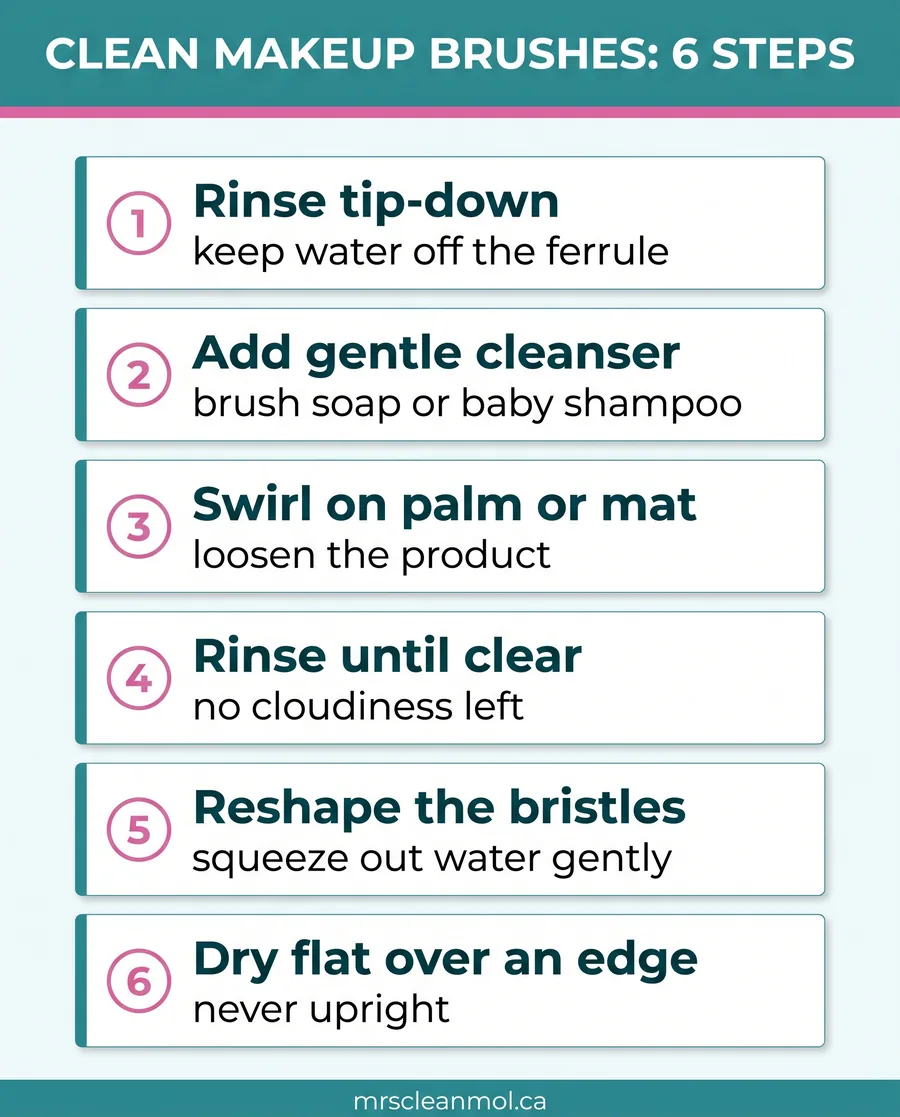 Six-step card guide to cleaning makeup brushes correctly, from rinsing tip-down to drying flat over an edge