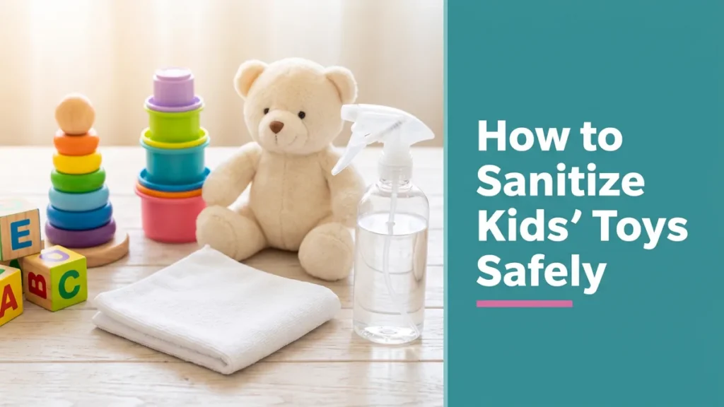 Clean colorful children's toys with a cloth nearby, illustrating how to sanitize kids toys safely