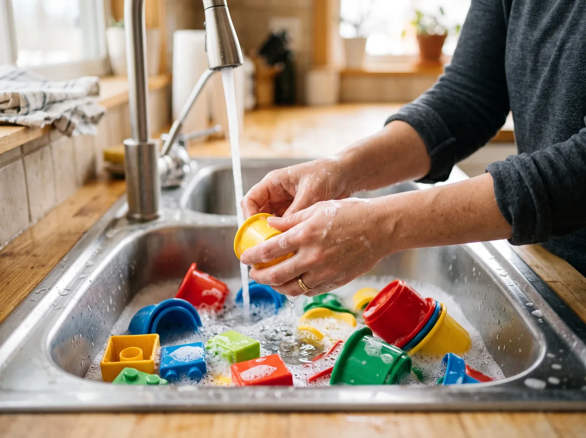 Hands washing colorful hard plastic children's toys in warm soapy water in a sink