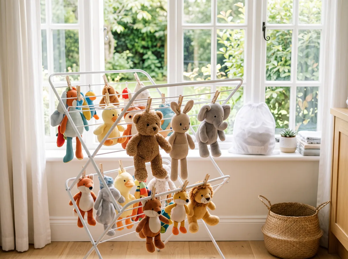 Freshly washed plush stuffed toys air drying on a rack by a sunny window