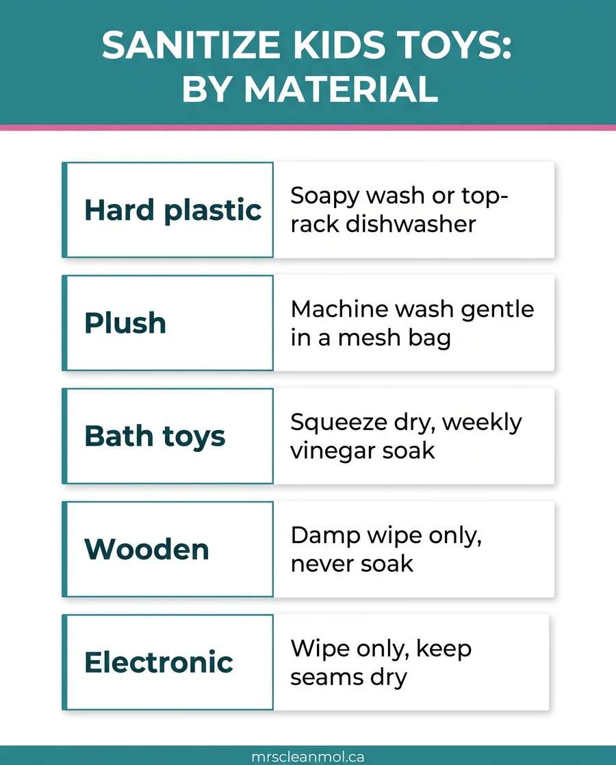 Card guide to sanitizing kids toys by material, from hard plastic and plush to bath, wooden, and electronic toys