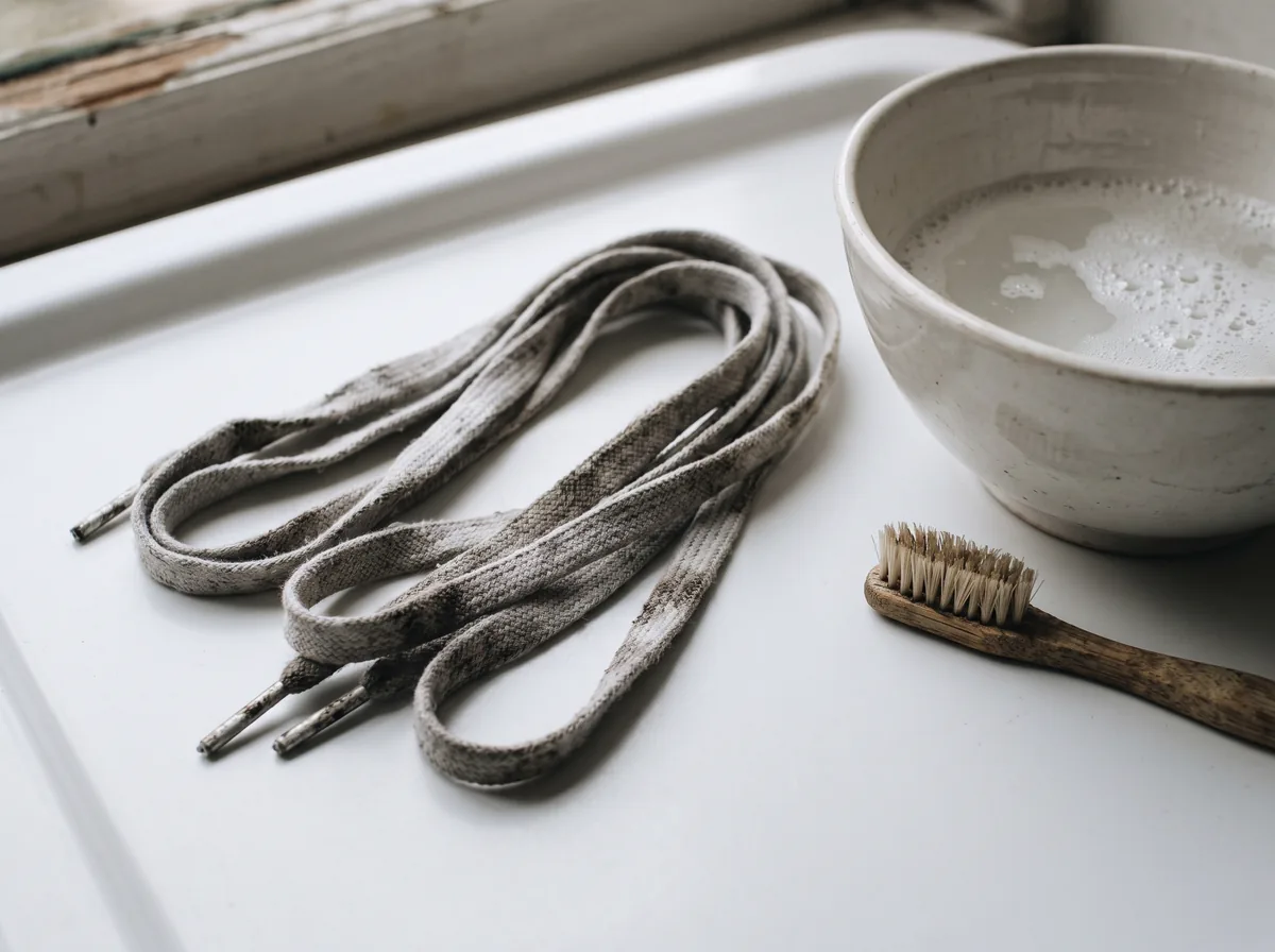 Dingy grey-white shoelaces laid out next to a bowl of soapy water and a toothbrush before cleaning