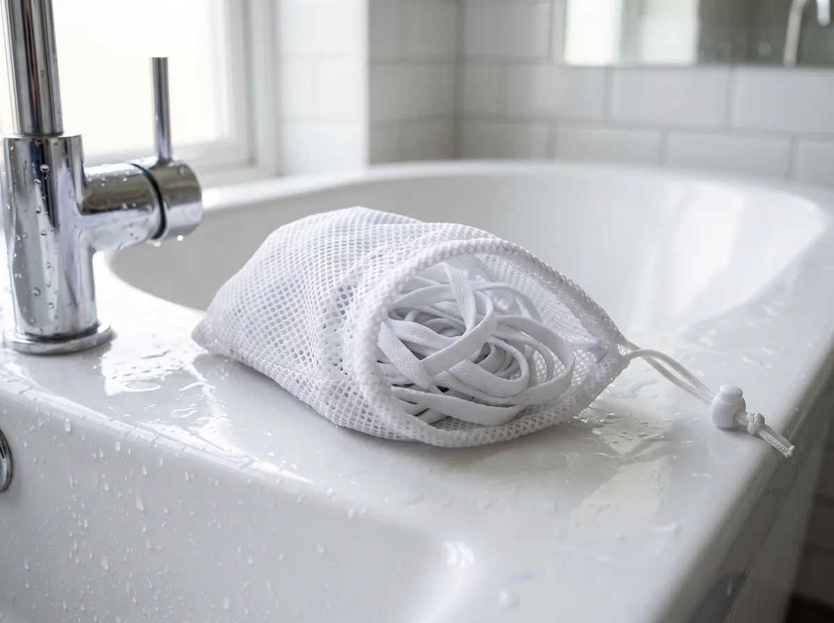 Freshly whitened white shoelaces in a mesh laundry bag by a sink after cleaning