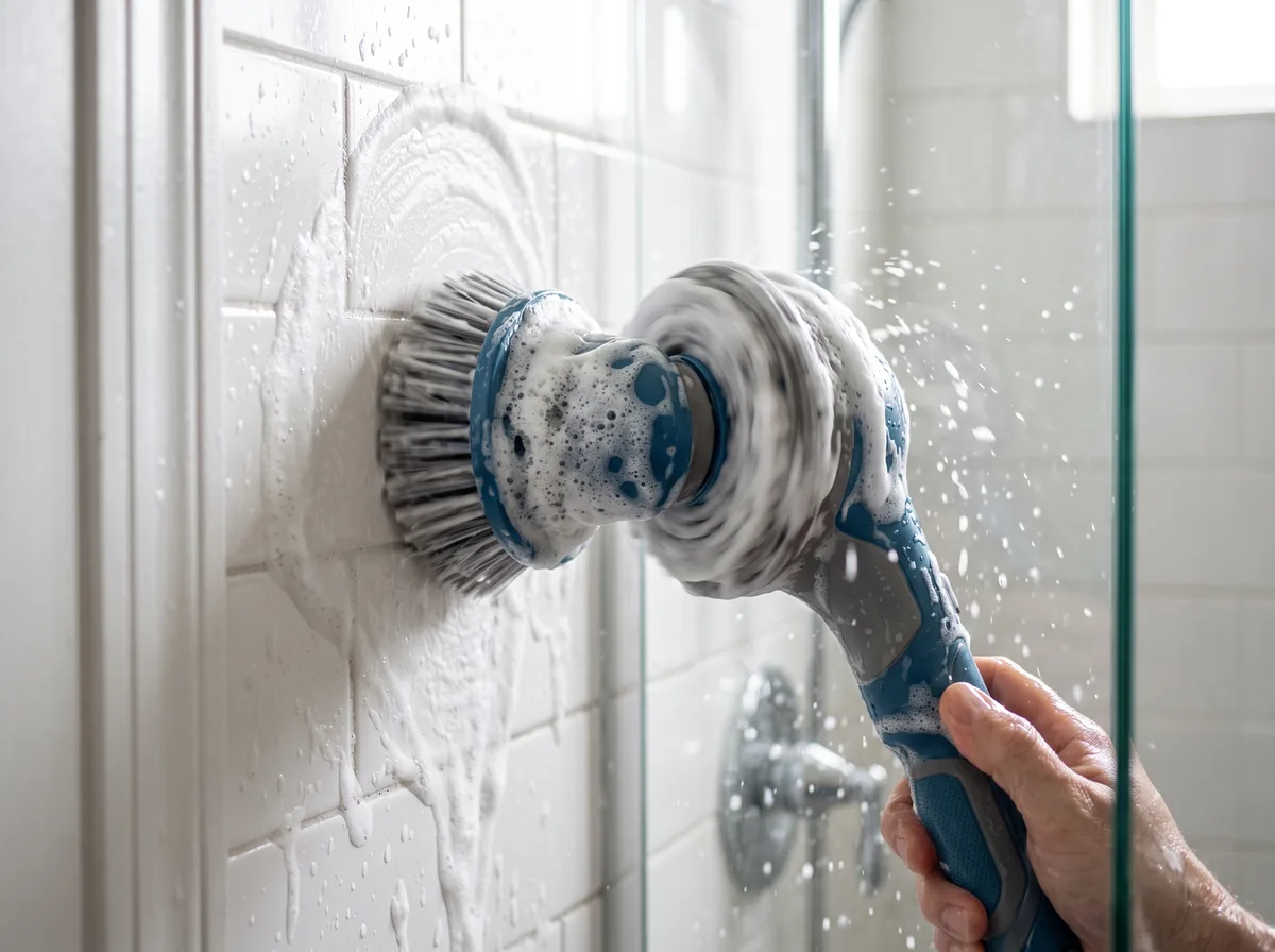 An electric spin scrubber cleaning a tiled shower wall with a foaming brush head