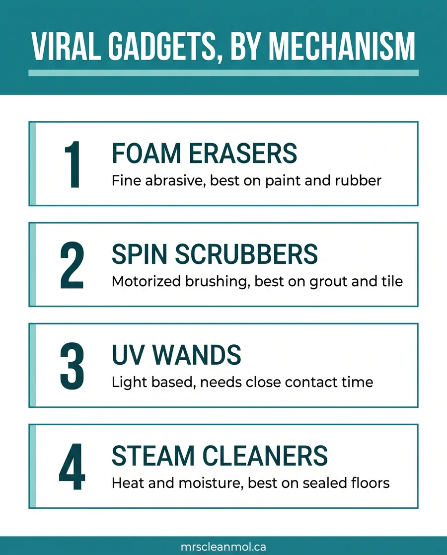 Card graphic comparing four viral cleaning gadget categories by mechanism and best use
