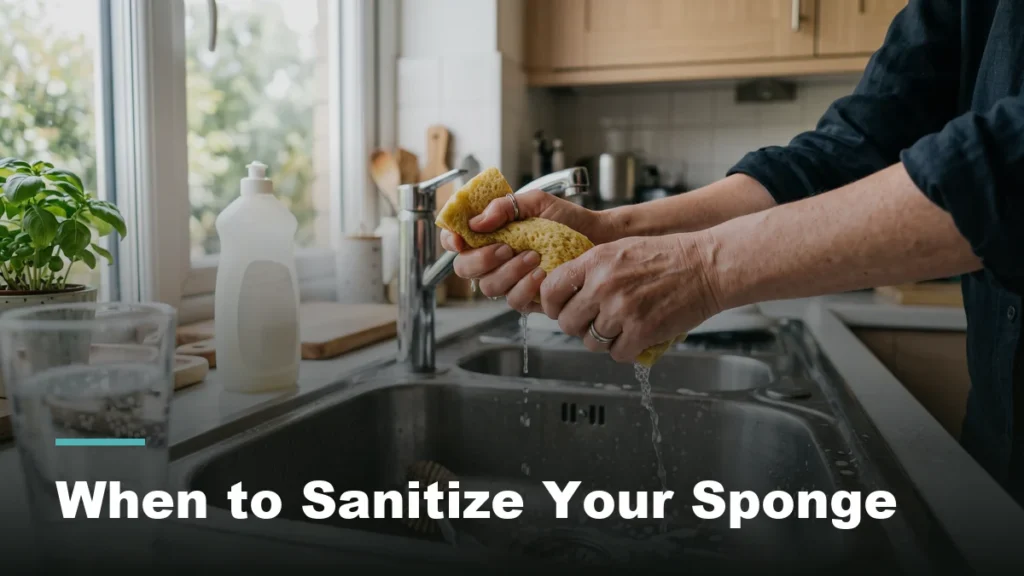 Hands about to sanitize a kitchen sponge over the sink before it goes back into use