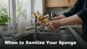 Hands about to sanitize a kitchen sponge over the sink before it goes back into use