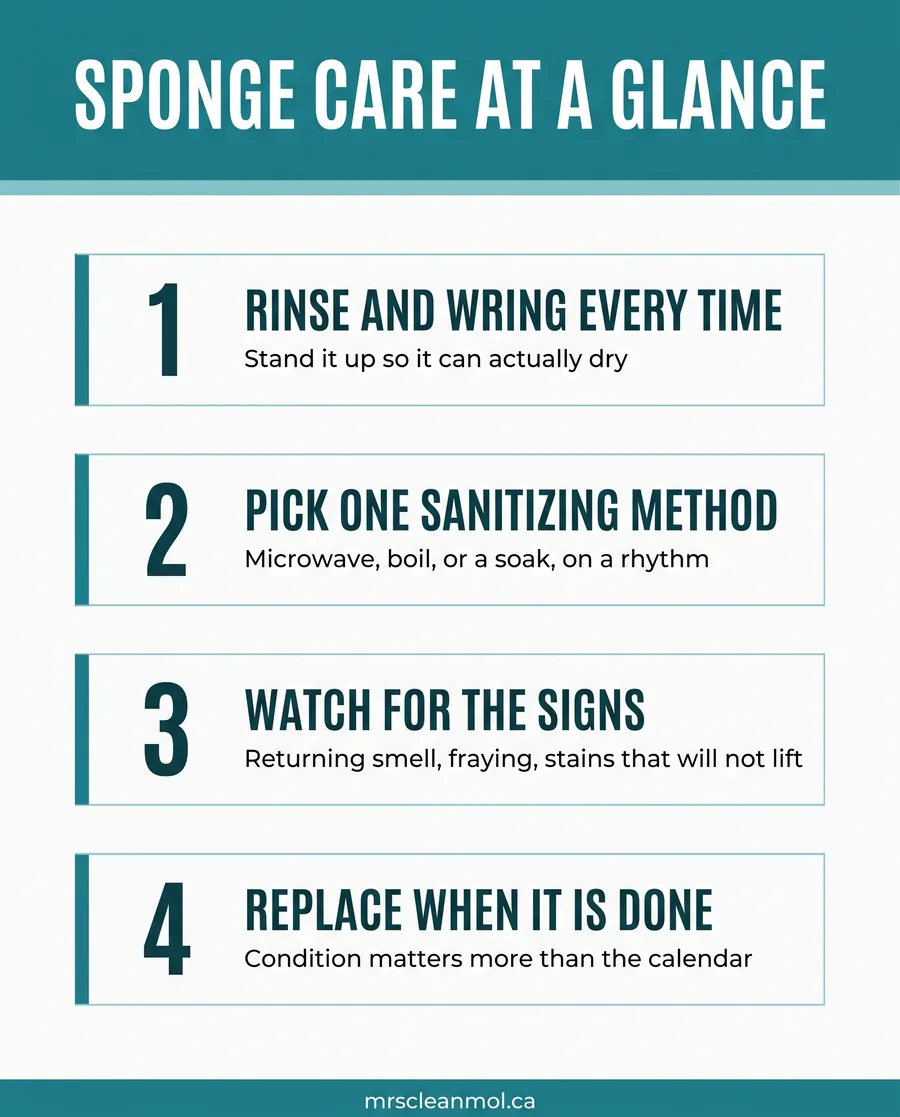 Card graphic showing a simple weekly routine for keeping a kitchen sponge clean and knowing when to replace it