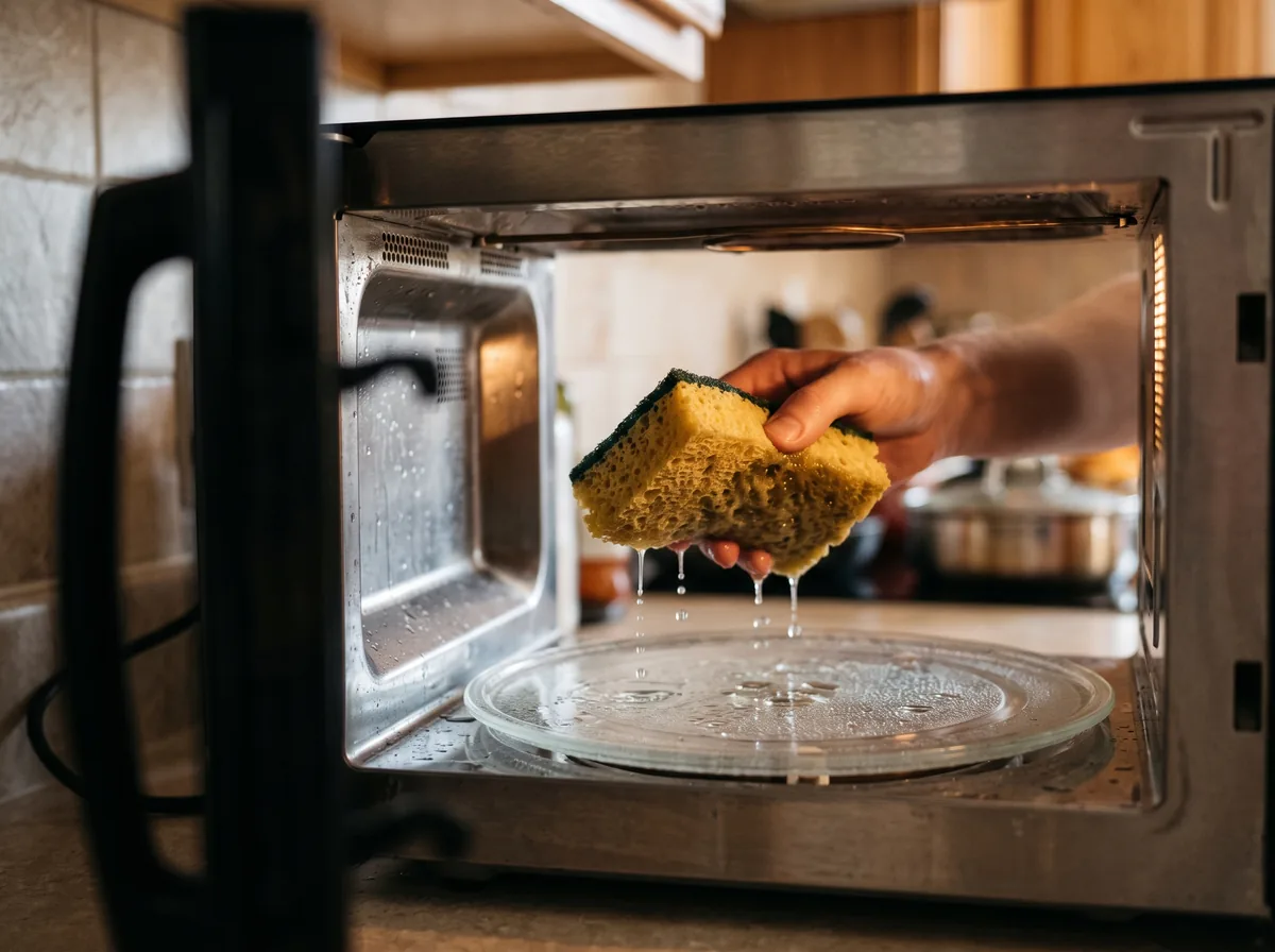 How to sanitize a kitchen sponge using a short microwave burst