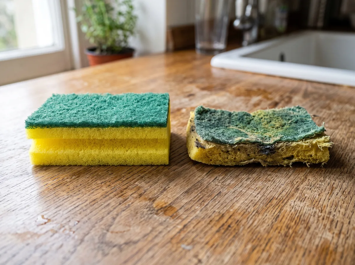 A worn kitchen sponge sitting beside a fresh one on a countertop, showing the visible difference in texture